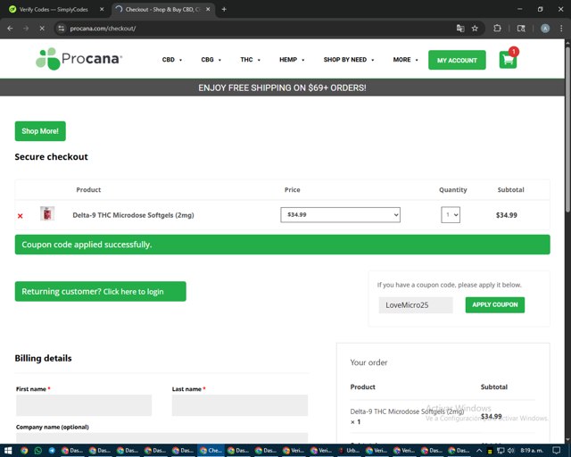 Procana checkout page showing Procana promo code box | Screenshot taken by SimplyCodes community member on Aug 28, 2025