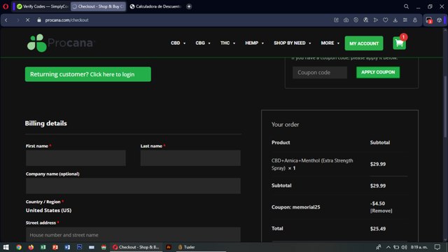 Procana checkout page showing Procana promo code box | Screenshot taken by SimplyCodes community member on Jul 29, 2025