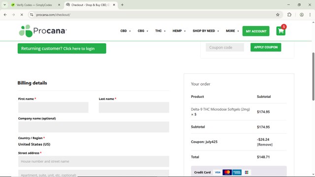 Procana checkout page showing Procana promo code box | Screenshot taken by SimplyCodes community member on Aug 2, 2025