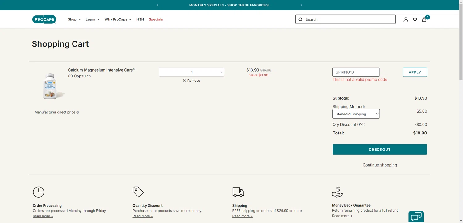 ProCaps Laboratories promo code screenshot showing code SPRING18 applied at ProCaps Laboratories checkout page. Uploaded by SimplyCodes community member PromoAdmiral6652 on Jun 3, 2025