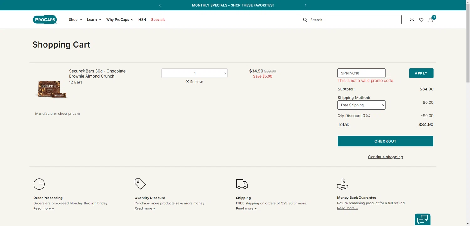 ProCaps Laboratories promo code screenshot showing code SPRING18 applied at ProCaps Laboratories checkout page. Uploaded by SimplyCodes community member VoucherMonarch9058 on Apr 30, 2025