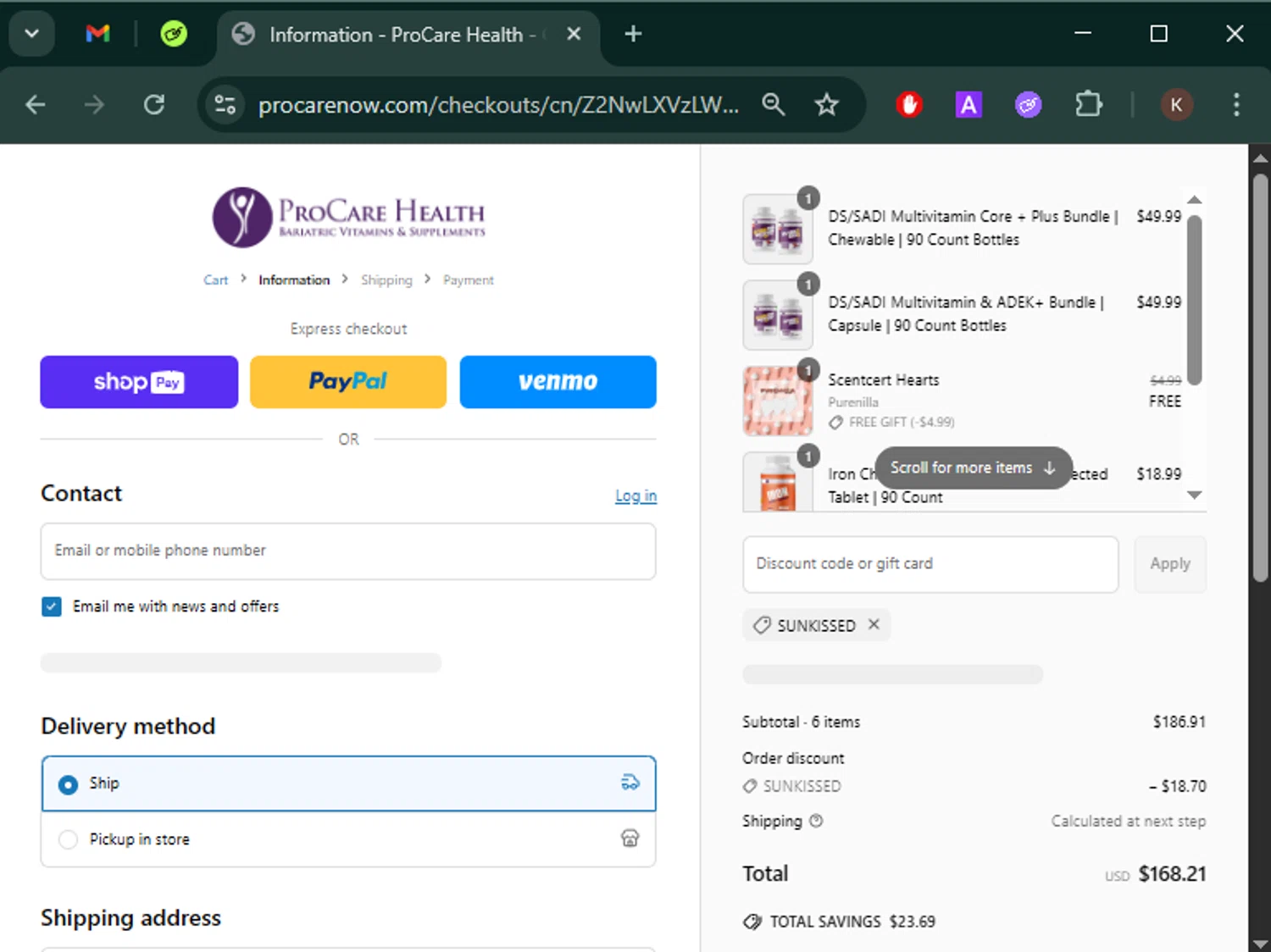ProCare Health promo code screenshot showing code SUNKISSED applied at ProCare Health checkout page. Uploaded by SimplyCodes community member Keilynkeyonshea on Apr 30, 2025