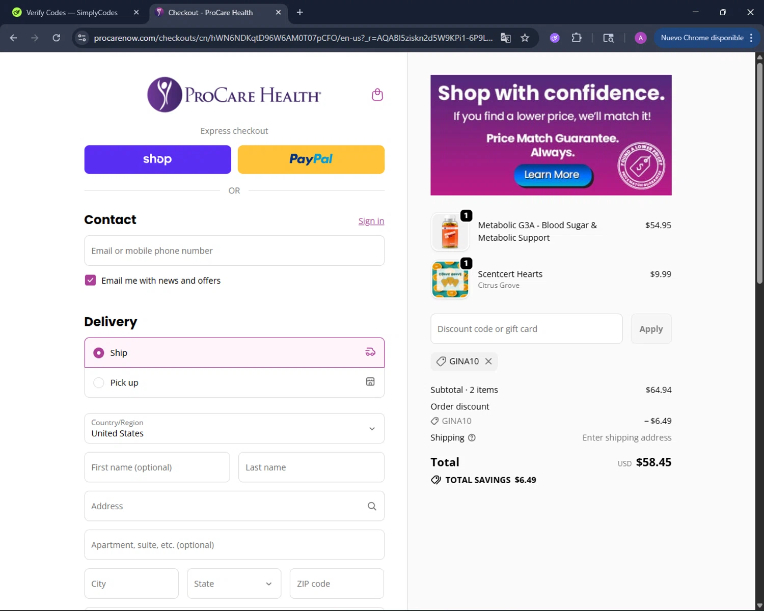 ProCare Health promo code screenshot showing code GINA10 applied at ProCare Health checkout page. Uploaded by SimplyCodes community member AndreinaA on Dec 13, 2025