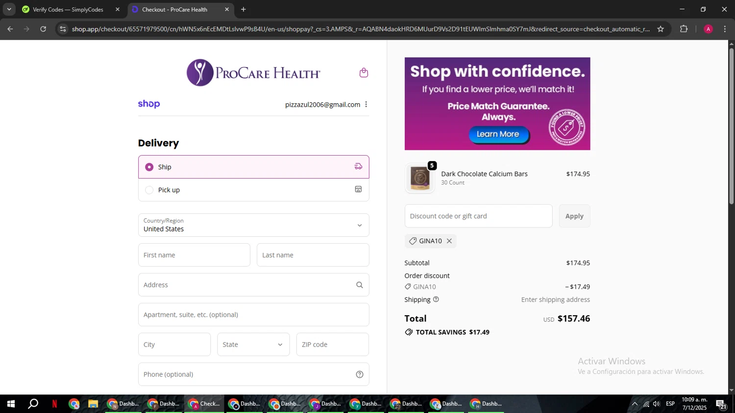 ProCare Health promo code screenshot showing code GINA10 applied at ProCare Health checkout page. Uploaded by SimplyCodes community member BMWGS1200 on Dec 7, 2025
