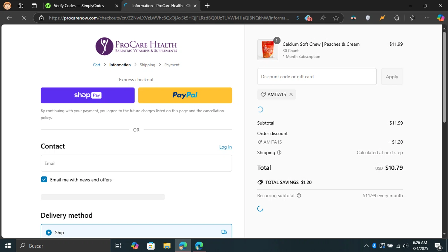 ProCare Health promo code screenshot showing code AMITA15 applied at ProCare Health checkout page. Uploaded by SimplyCodes community member Blackleg_Sanji on Mar 4, 2025