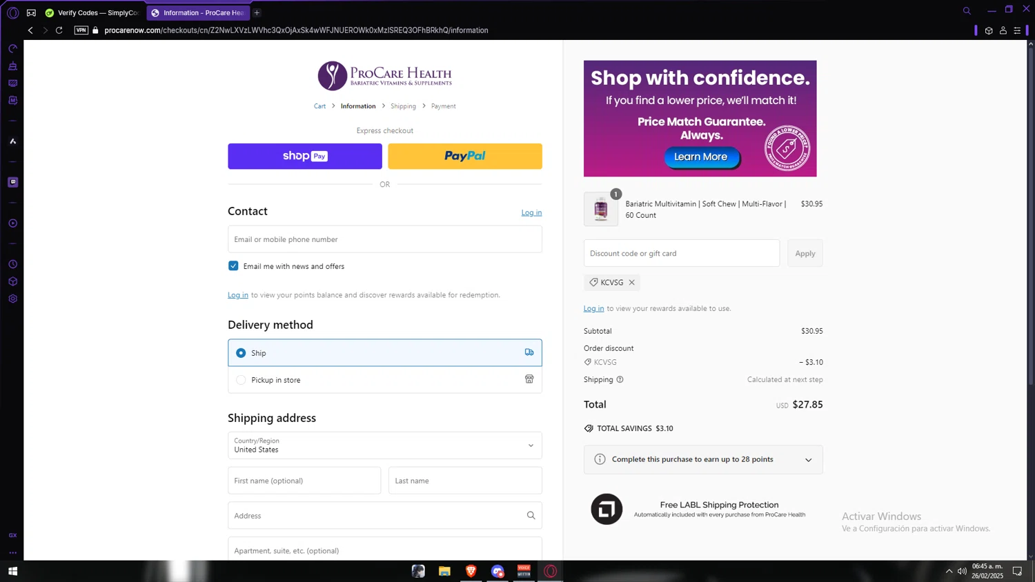 ProCare Health promo code screenshot showing code KCVSG applied at ProCare Health checkout page. Uploaded by SimplyCodes community member Anzeer on Feb 26, 2025