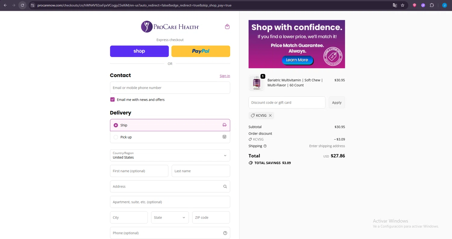 ProCare Health promo code screenshot showing code KCVSG applied at ProCare Health checkout page. Uploaded by SimplyCodes community member LuckyDefender4135 on Oct 24, 2025