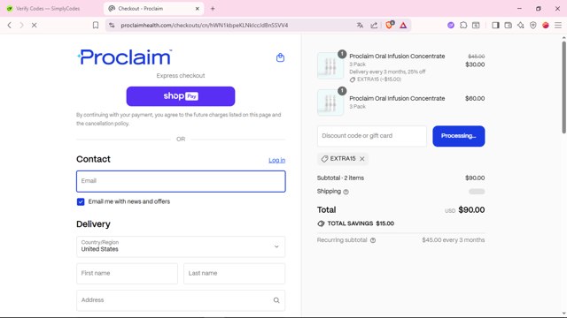 Proclaim Health checkout page showing Proclaim Health discount code box | Screenshot taken by SimplyCodes community member on Aug 13, 2025