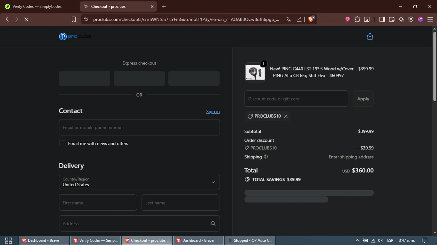 ProClubs coupon code screenshot showing code PROCLUBS10 applied at ProClubs checkout page. Uploaded by SimplyCodes community member Alfred on Nov 15, 2025