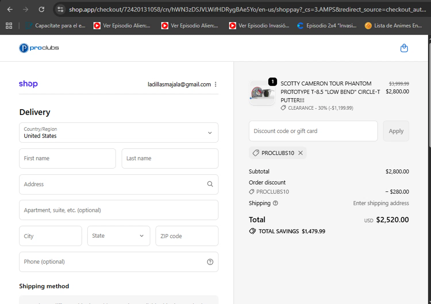 ProClubs coupon code screenshot showing code PROCLUBS10 applied at ProClubs checkout page. Uploaded by SimplyCodes community member eduardolopez on Oct 11, 2025