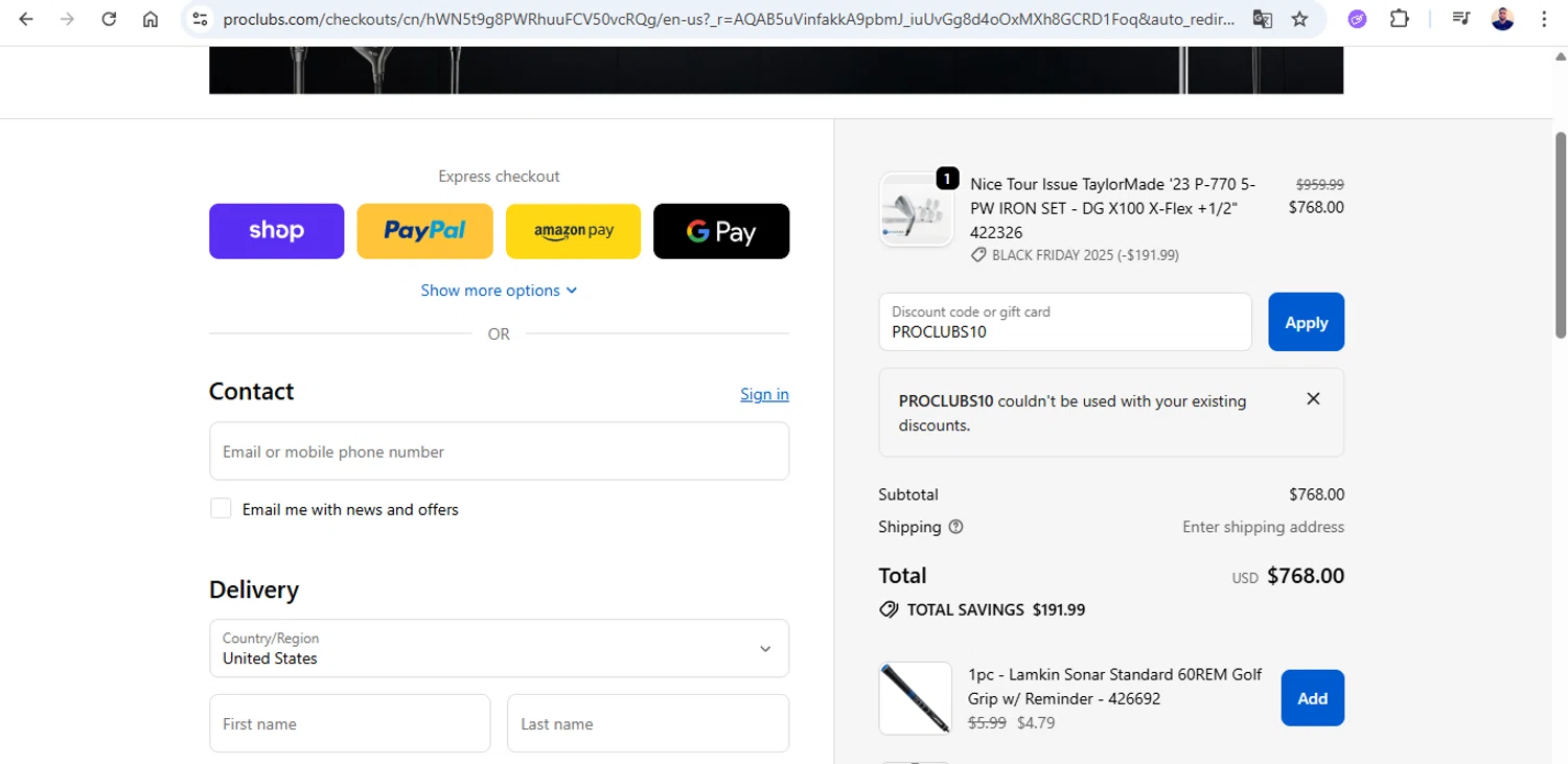 ProClubs coupon code screenshot showing code PROCLUBS10 applied at ProClubs checkout page. Uploaded by SimplyCodes community member joseg151520 on Nov 30, 2025