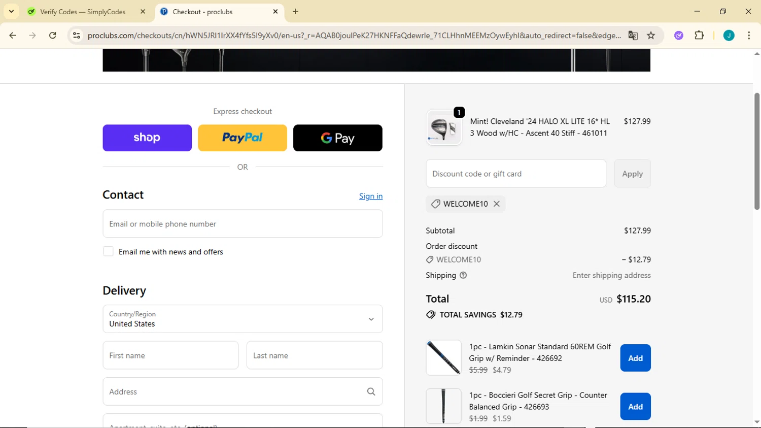 ProClubs coupon code screenshot showing code Welcome10 applied at ProClubs checkout page. Uploaded by SimplyCodes community member GoldDefender3268 on Nov 15, 2025