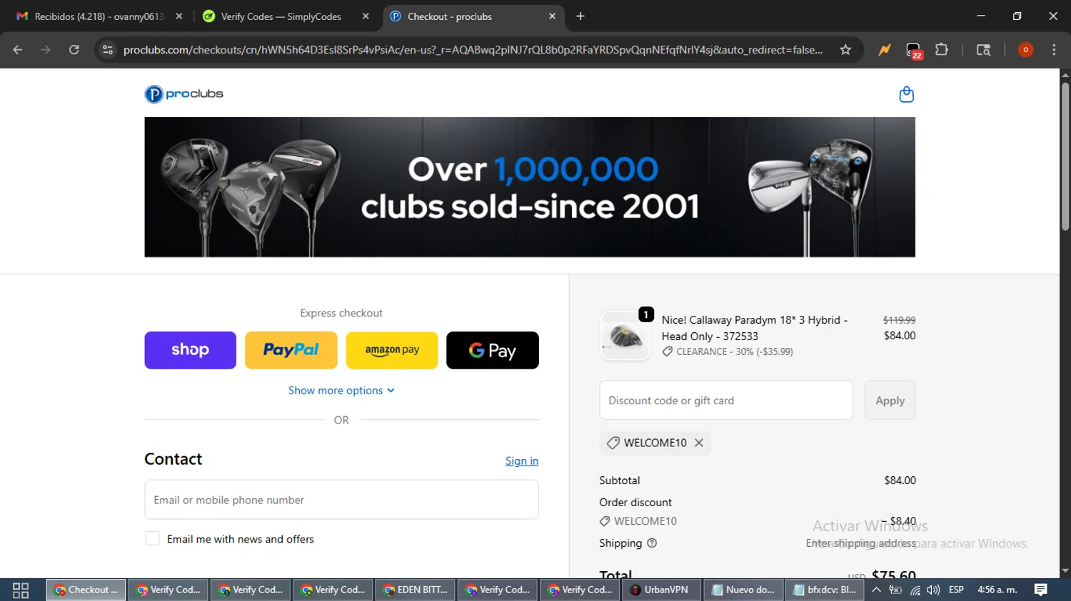 ProClubs coupon code screenshot showing code Welcome10 applied at ProClubs checkout page. Uploaded by SimplyCodes community member WiseTracker2171 on Nov 25, 2025