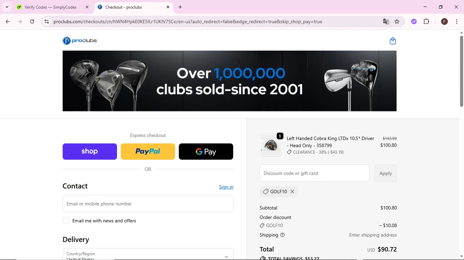 ProClubs coupon code screenshot showing code GOLF10 applied at ProClubs checkout page. Uploaded by SimplyCodes community member BargainShopper1802 on Oct 19, 2025