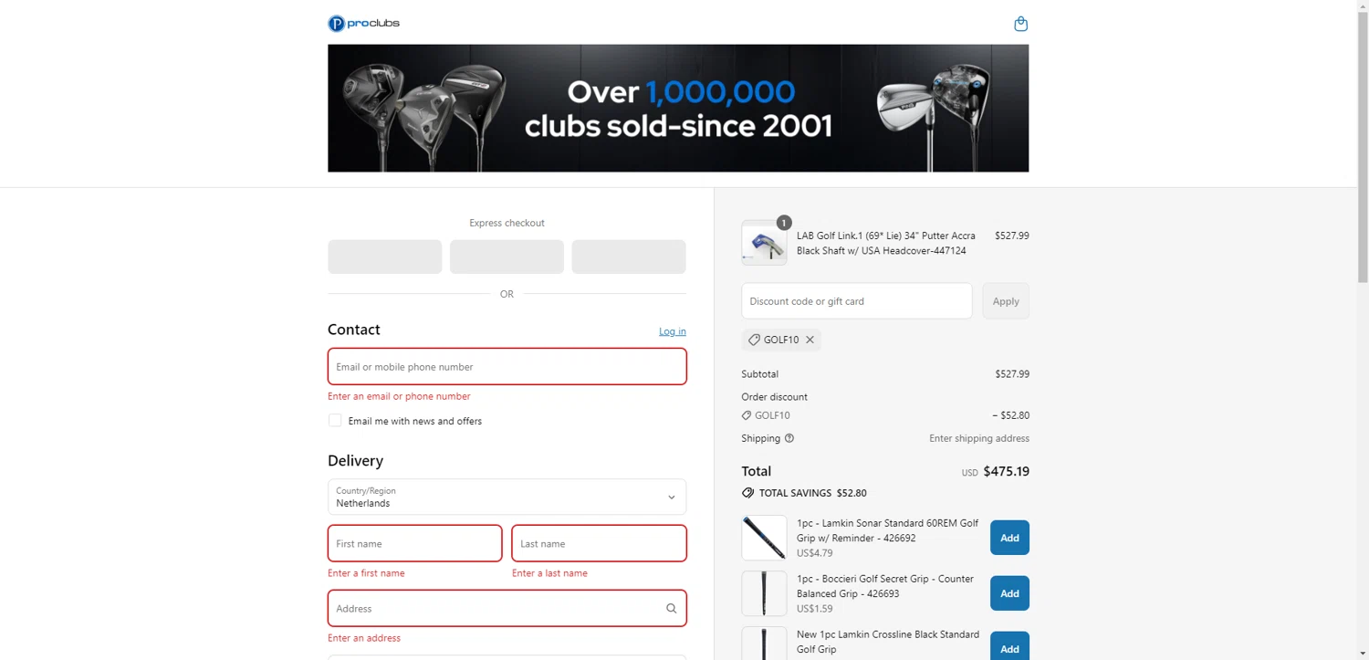 ProClubs coupon code screenshot showing code GOLF10 applied at ProClubs checkout page. Uploaded by SimplyCodes community member RewardTitan728 on Jul 14, 2025