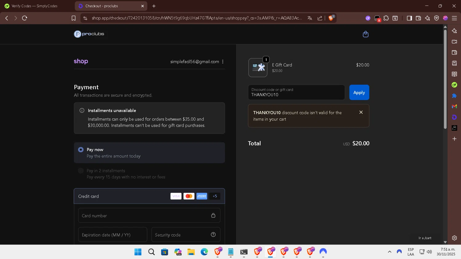 ProClubs coupon code screenshot showing code THANKYOU10 applied at ProClubs checkout page. Uploaded by SimplyCodes community member DiscountExpert556 on Nov 30, 2025