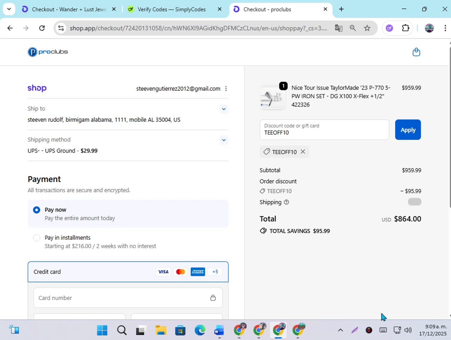 ProClubs coupon code screenshot showing code TEEOFF10 applied at ProClubs checkout page. Uploaded by SimplyCodes community member DiscountGenius6081 on Dec 17, 2025