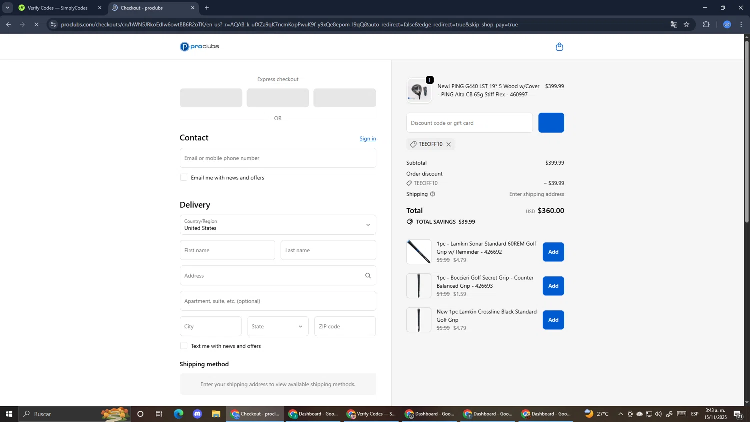 ProClubs coupon code screenshot showing code TEEOFF10 applied at ProClubs checkout page. Uploaded by SimplyCodes community member RoyalExpert3857 on Nov 15, 2025