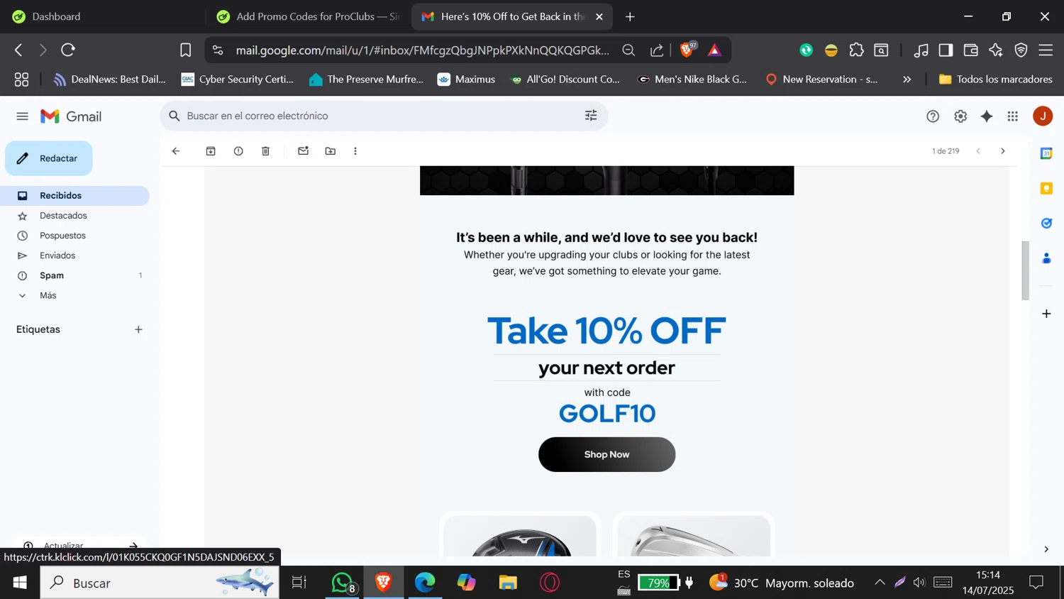 ProClubs coupon code screenshot showing code GOLF10 applied at ProClubs checkout page. Uploaded by SimplyCodes community member DORIANGEL on Jul 14, 2025