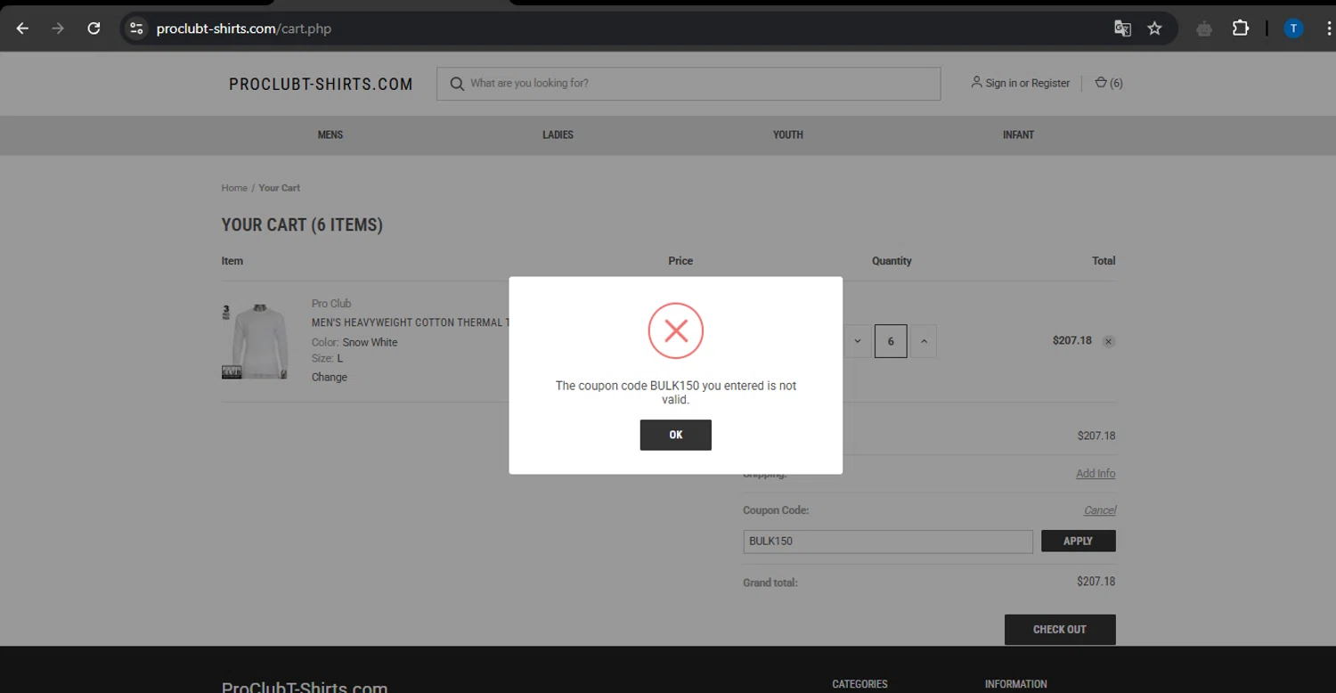 Pro Club T-Shirts promo code screenshot showing code BULK150 applied at Pro Club T-Shirts checkout page. Uploaded by SimplyCodes community member PrimeTitan1837 on Mar 25, 2025