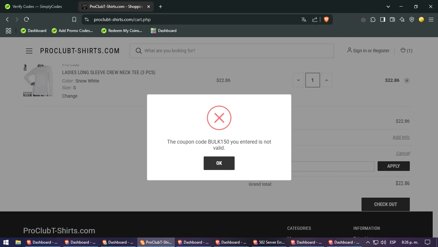 Pro Club T-Shirts promo code screenshot showing code BULK150 applied at Pro Club T-Shirts checkout page. Uploaded by SimplyCodes community member VENDOCOCA on Feb 28, 2025
