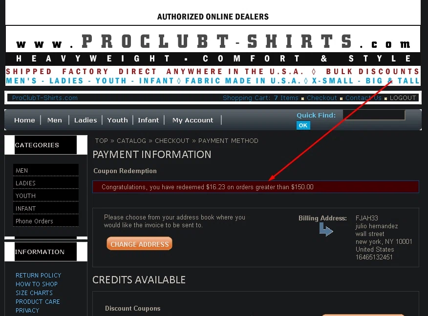 Pro Club T-Shirts checkout page showing Pro Club T-Shirts promo code box | Screenshot taken by SimplyCodes community member on Nov 8, 2021
