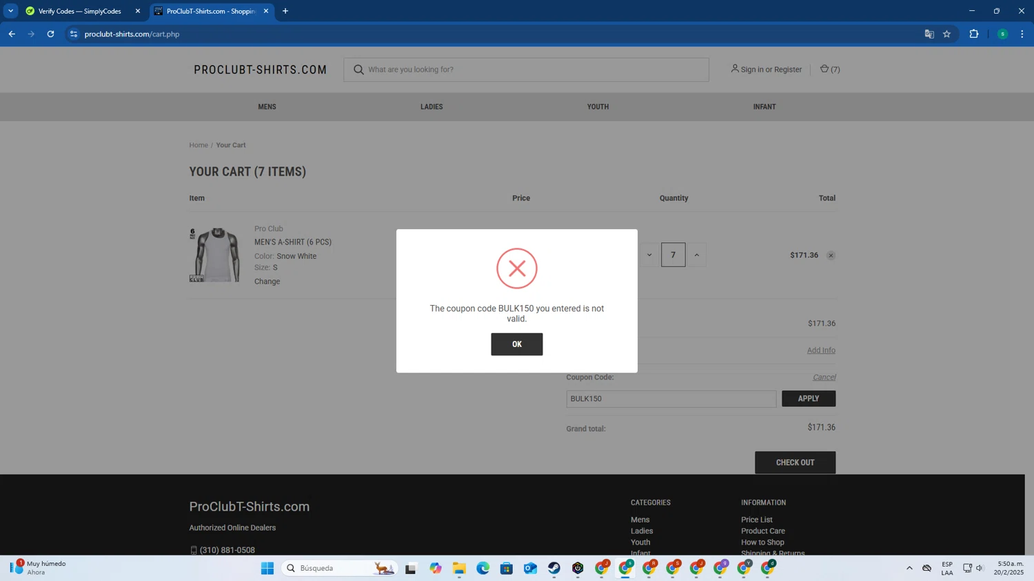 Pro Club T-Shirts promo code screenshot showing code BULK150 applied at Pro Club T-Shirts checkout page. Uploaded by SimplyCodes community member FrugalExpert8809 on Feb 20, 2025