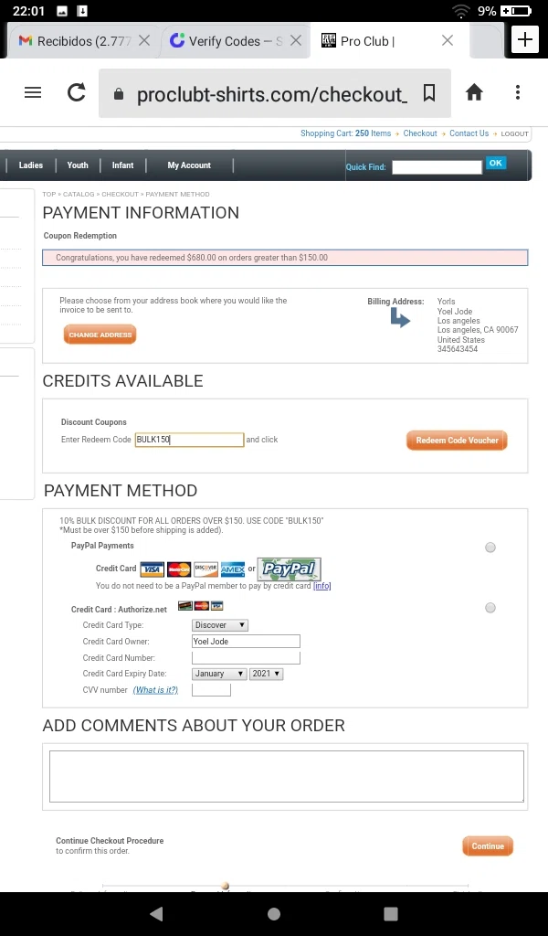 Pro Club T-Shirts checkout page showing Pro Club T-Shirts promo code box | Screenshot taken by SimplyCodes community member on Dec 4, 2021