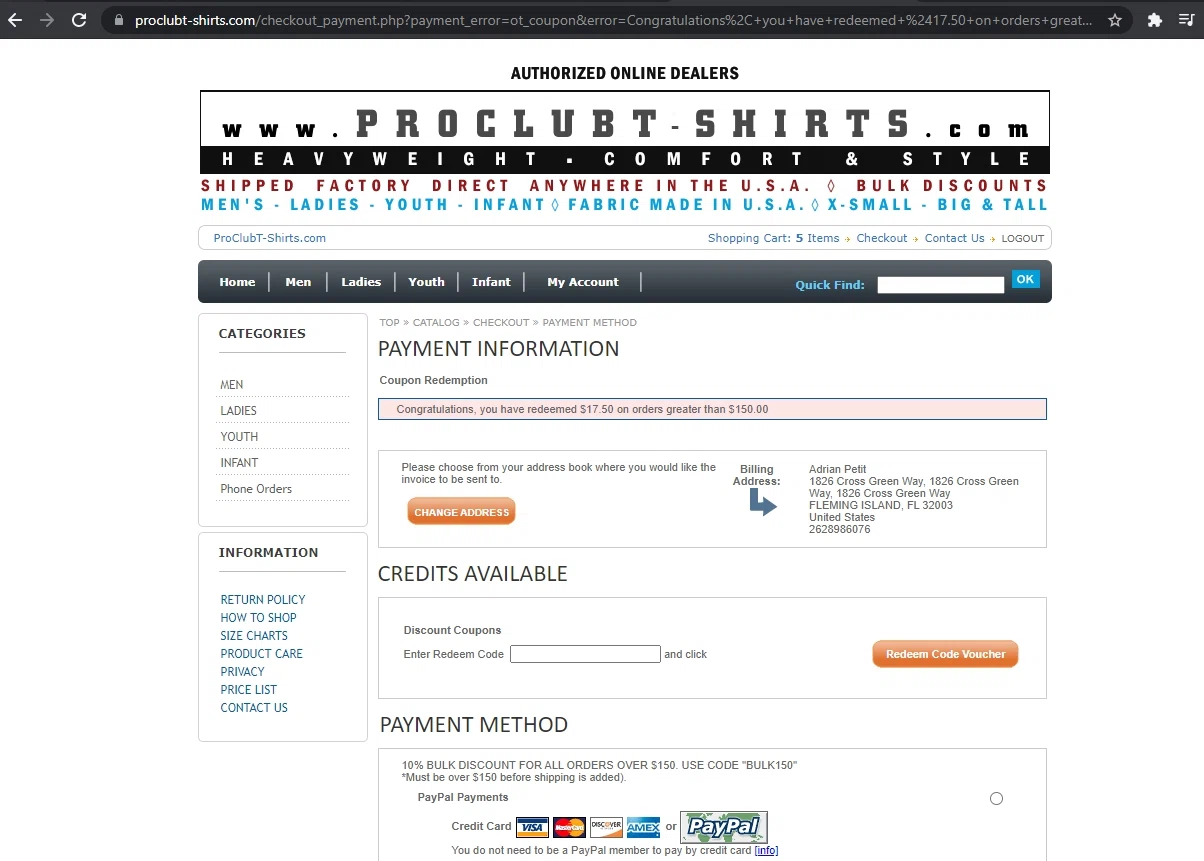 Pro Club T-Shirts checkout page showing Pro Club T-Shirts promo code box | Screenshot taken by SimplyCodes community member on Oct 13, 2021