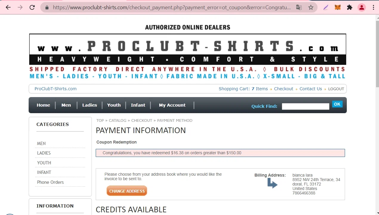 Pro Club T-Shirts checkout page showing Pro Club T-Shirts promo code box | Screenshot taken by SimplyCodes community member on Oct 28, 2021