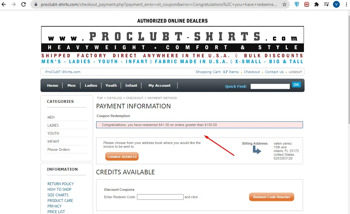 Pro Club T-Shirts checkout page showing Pro Club T-Shirts promo code box | Screenshot taken by SimplyCodes community member on Oct 2, 2021