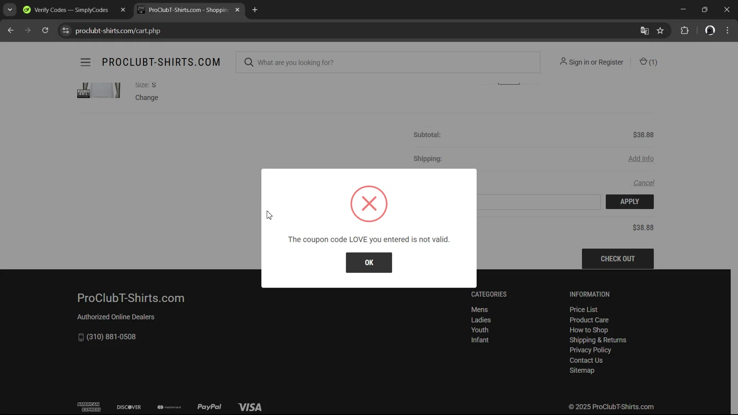 Pro Club T-Shirts promo code screenshot showing code LOVE applied at Pro Club T-Shirts checkout page. Uploaded by SimplyCodes community member ArthurMorgan on Mar 17, 2025