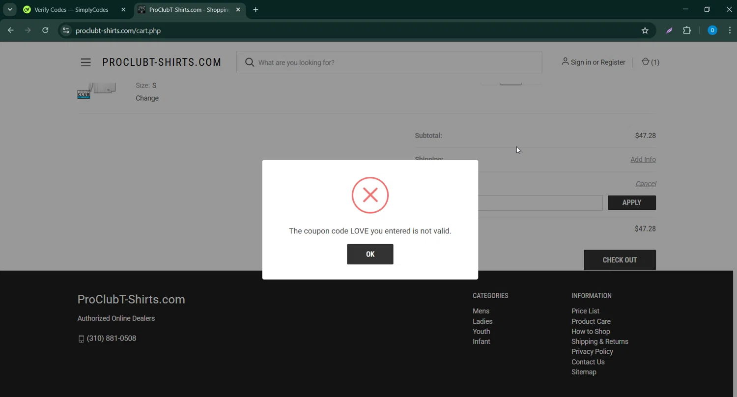 Pro Club T-Shirts promo code screenshot showing code LOVE applied at Pro Club T-Shirts checkout page. Uploaded by SimplyCodes community member RoyalSage9159 on Mar 12, 2025