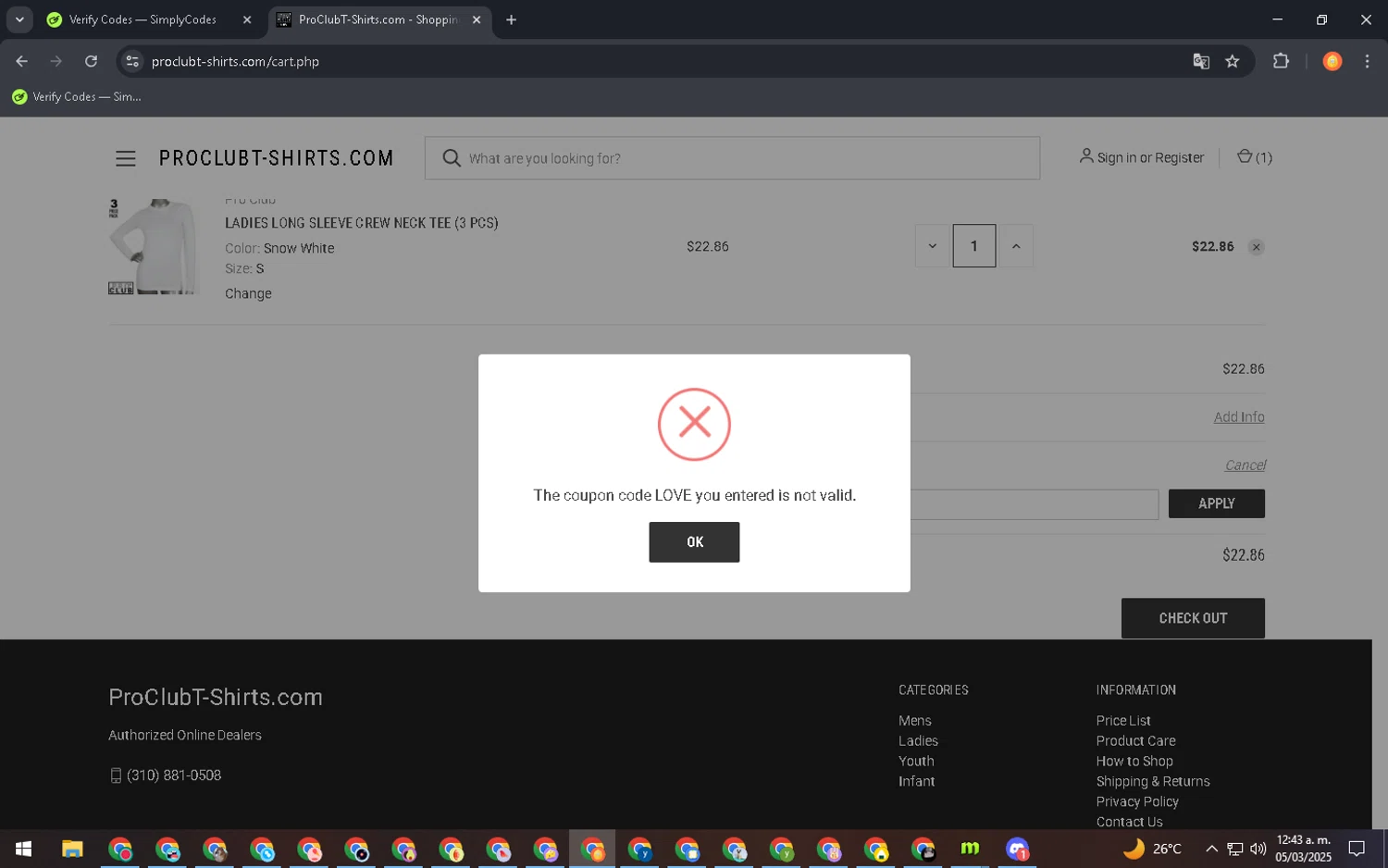 Pro Club T-Shirts promo code screenshot showing code LOVE applied at Pro Club T-Shirts checkout page. Uploaded by SimplyCodes community member ValiantTitan4231 on Mar 5, 2025
