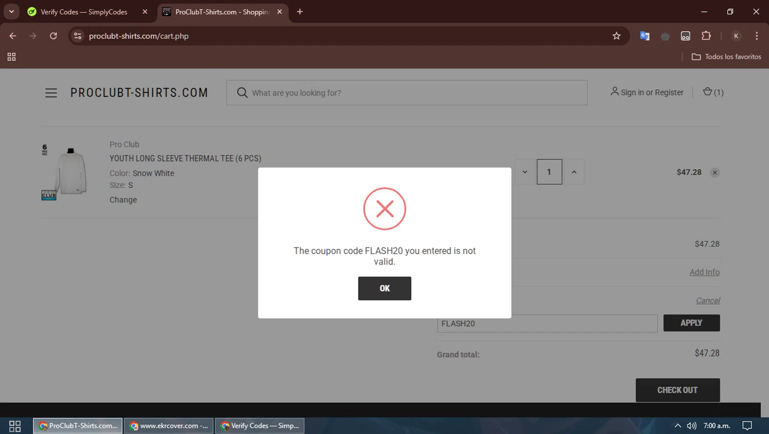 Pro Club T-Shirts promo code screenshot showing code FLASH20 applied at Pro Club T-Shirts checkout page. Uploaded by SimplyCodes community member SavingsBoss991 on Apr 19, 2025
