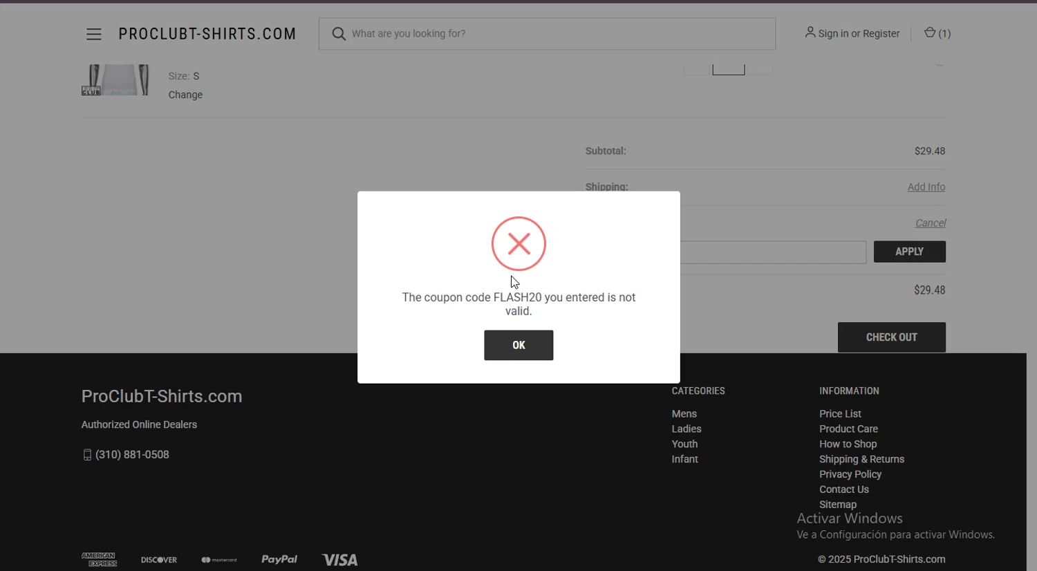 Pro Club T-Shirts promo code screenshot showing code FLASH20 applied at Pro Club T-Shirts checkout page. Uploaded by SimplyCodes community member Rayyyyyy on Apr 19, 2025