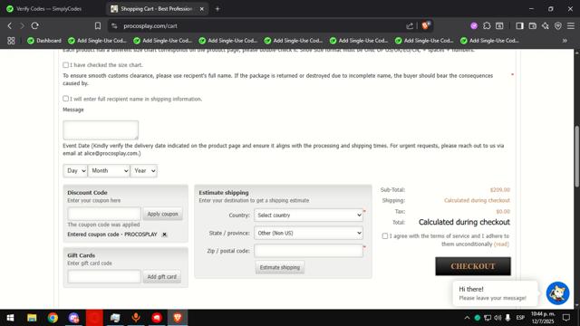 ProCosplay checkout page showing ProCosplay discount code box | Screenshot taken by SimplyCodes community member on Jul 13, 2025
