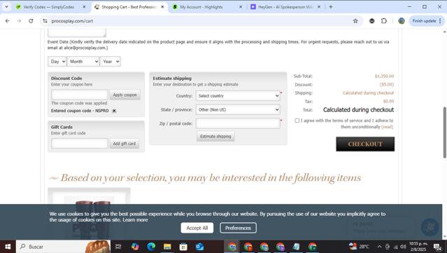 ProCosplay checkout page showing ProCosplay discount code box | Screenshot taken by SimplyCodes community member on Aug 3, 2025