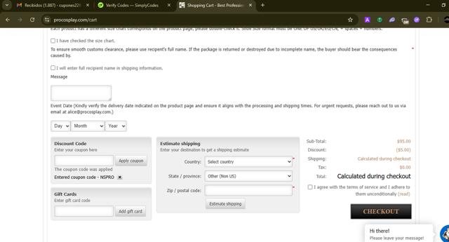 ProCosplay checkout page showing ProCosplay discount code box | Screenshot taken by SimplyCodes community member on Jun 13, 2025