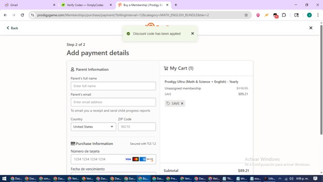 Prodigy checkout page showing Prodigy discount code box | Screenshot taken by SimplyCodes community member on Aug 3, 2025
