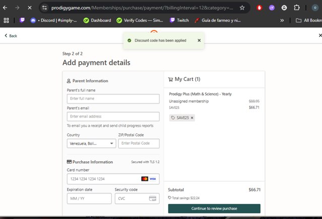 Prodigy checkout page showing Prodigy discount code box | Screenshot taken by SimplyCodes community member on Jul 22, 2025