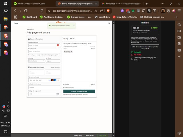 Prodigy checkout page showing Prodigy discount code box | Screenshot taken by SimplyCodes community member on Jul 26, 2025