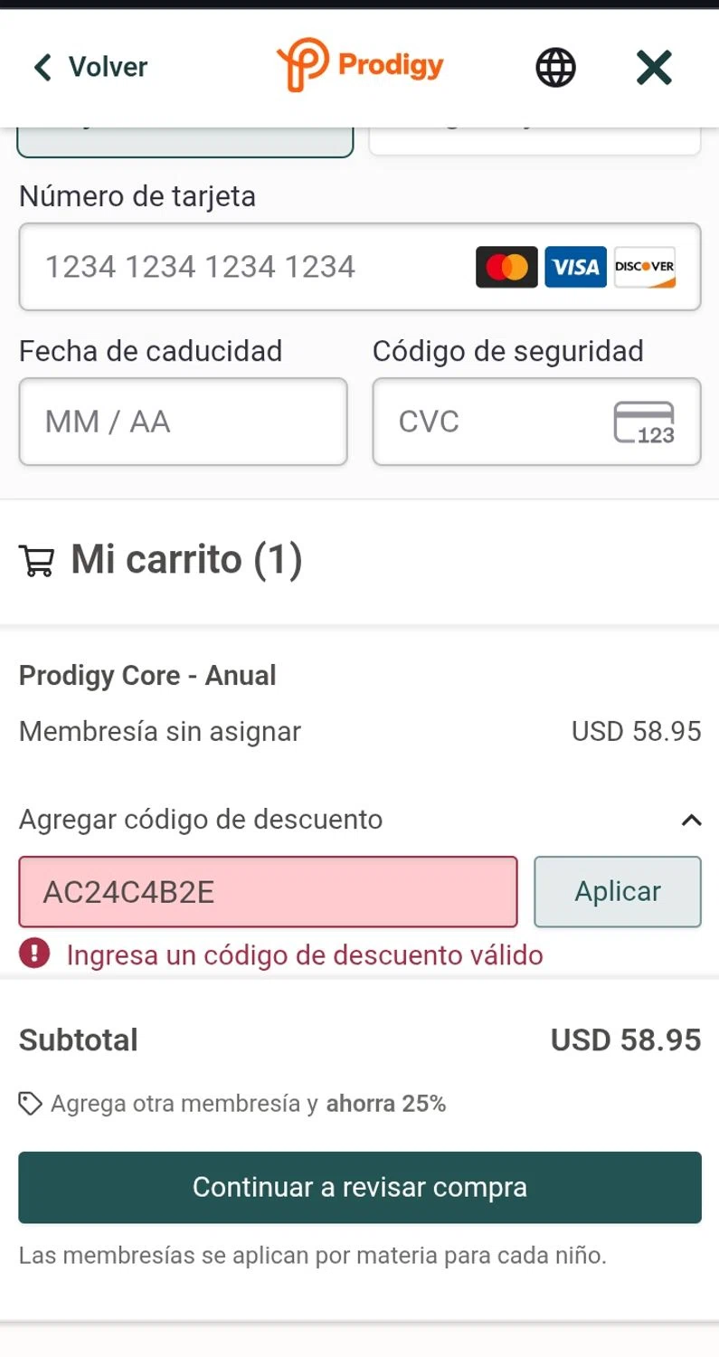 Prodigy promo code screenshot showing code AC24C4B2E applied at Prodigy checkout page. Uploaded by SimplyCodes community member Yuskeilyn20 on Feb 14, 2026