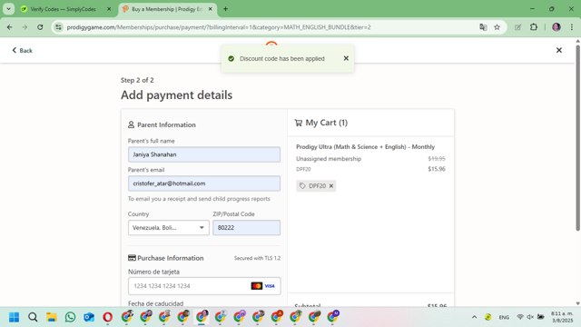 Prodigy checkout page showing Prodigy discount code box | Screenshot taken by SimplyCodes community member on Aug 3, 2025