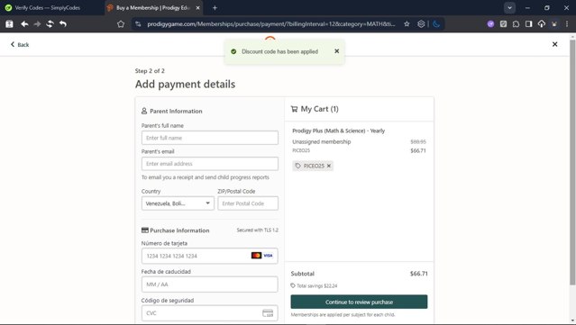 Prodigy checkout page showing Prodigy discount code box | Screenshot taken by SimplyCodes community member on Aug 25, 2025