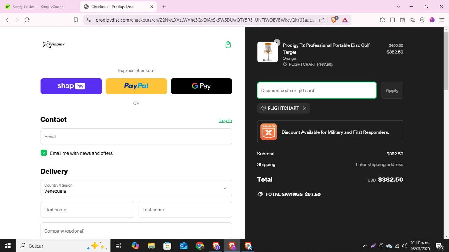 Prodigy Disc discount code screenshot showing code FLIGHTCHART applied at Prodigy Disc checkout page. Uploaded by SimplyCodes community member RoyalLegend1693 on Mar 8, 2025