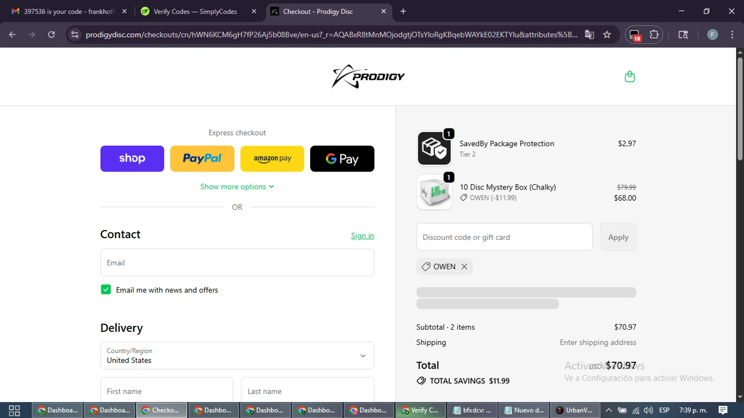 Prodigy Disc discount code screenshot showing code OWEN applied at Prodigy Disc checkout page. Uploaded by SimplyCodes community member DiscountRanger4509 on Dec 11, 2025