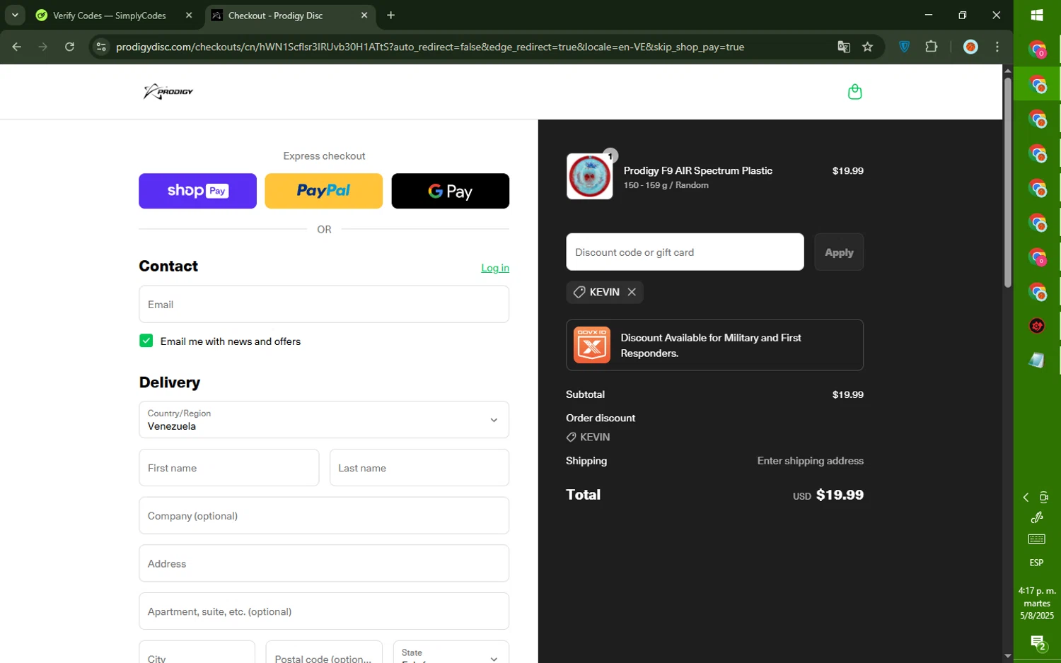 Prodigy Disc discount code screenshot showing code KEVIN applied at Prodigy Disc checkout page. Uploaded by SimplyCodes community member DealTiger9869 on Aug 5, 2025