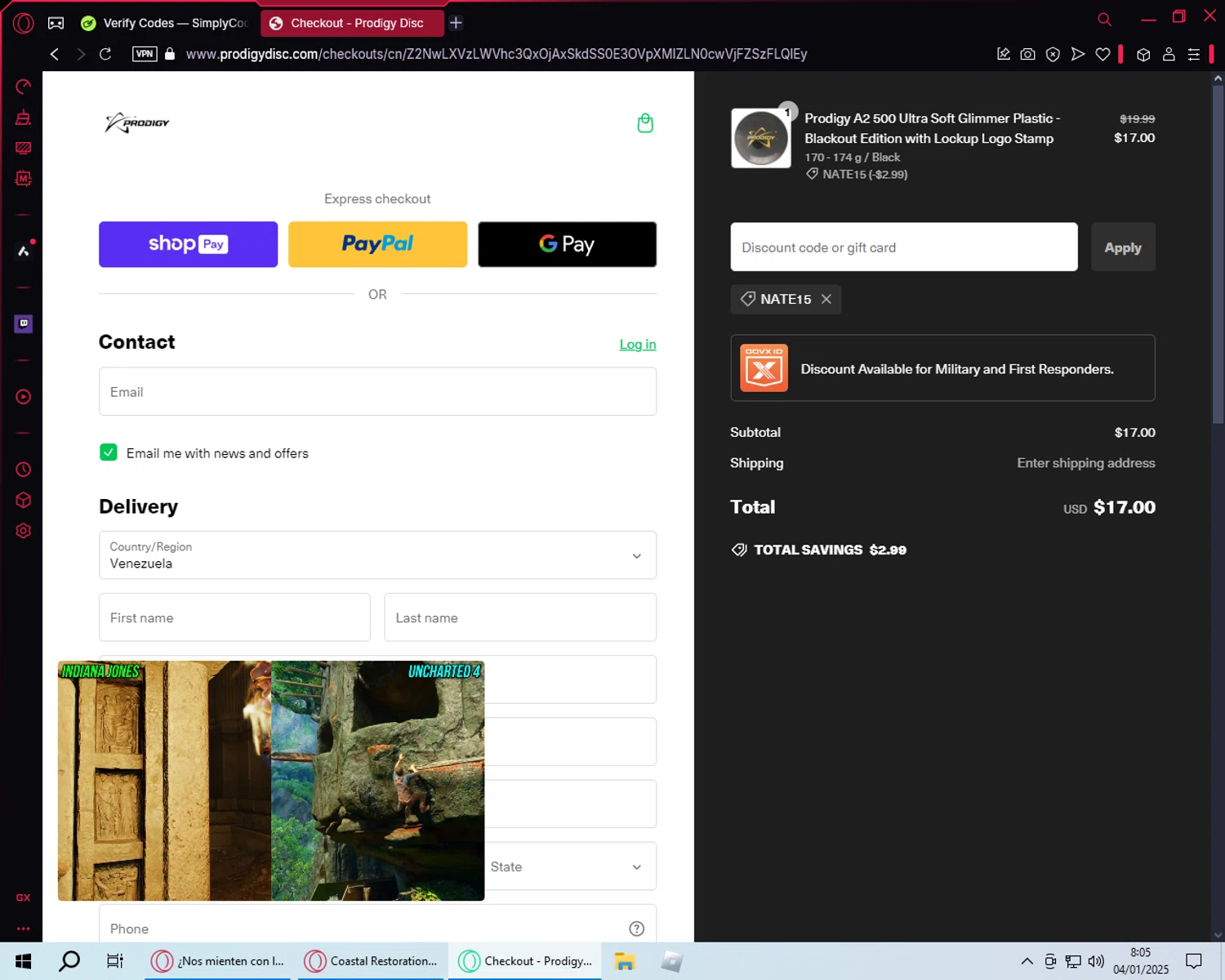 Prodigy Disc discount code screenshot showing code NATE15 applied at Prodigy Disc checkout page. Uploaded by SimplyCodes community member DiscountFinder7150 on Jan 4, 2025