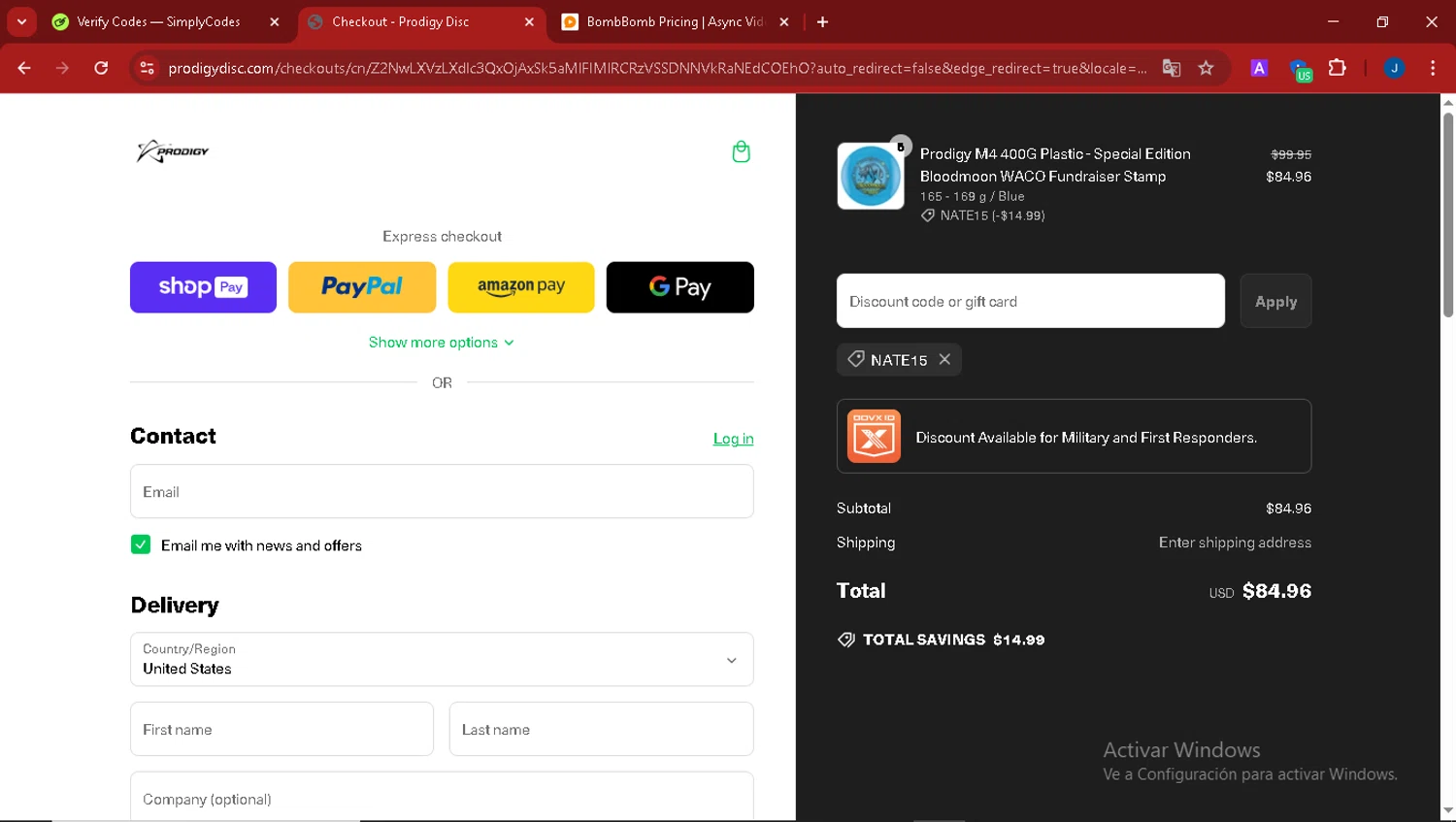 Prodigy Disc discount code screenshot showing code NATE15 applied at Prodigy Disc checkout page. Uploaded by SimplyCodes community member thegordobaby on Mar 10, 2025